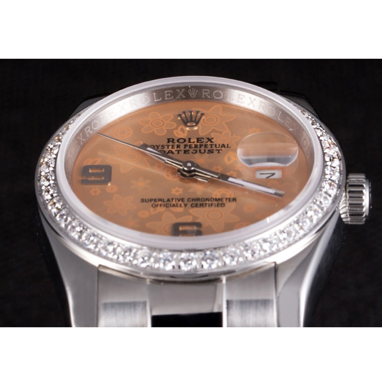 MiroTime 0804 Rolex Datejust Polished Stainless Steel Orange Flowers Dial Diamond Plated
